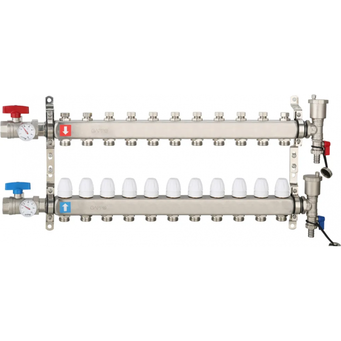 Коллектор регулируемый с запорными клапанами GAPPO 11-вых.x1"x3/4" G426.11