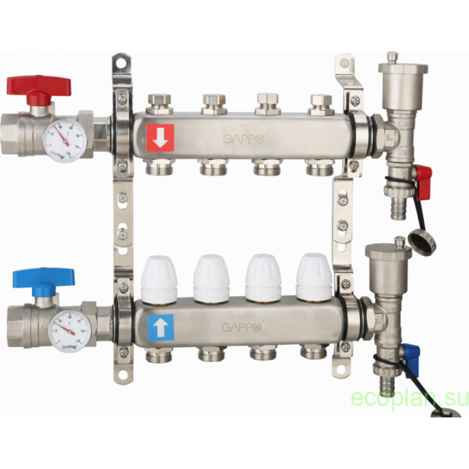 Коллектор регулируемый с запорными клапанами GAPPO 4-вых.x1"x3/4" G426.4