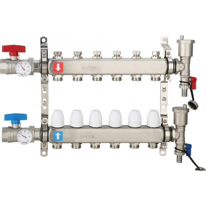Коллектор регулируемый с запорными клапанами GAPPO 6-вых.x1"x3/4" G426.6